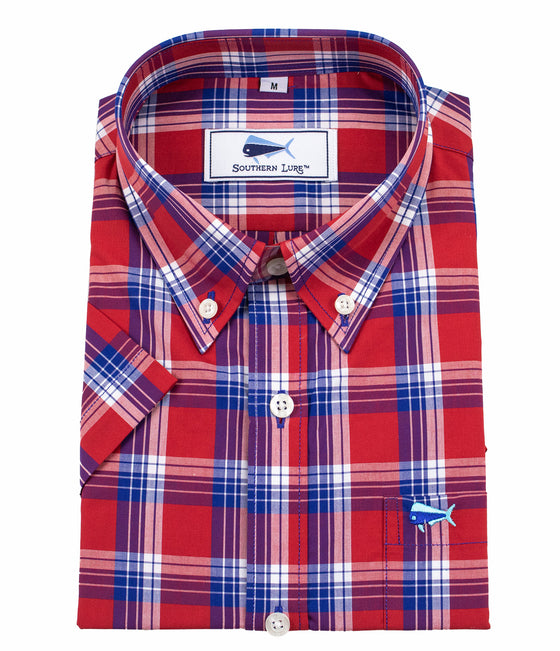Youth & Toddler Short Sleeve Woven Sport Shirt -Red Navy - Spring Tide Plaid