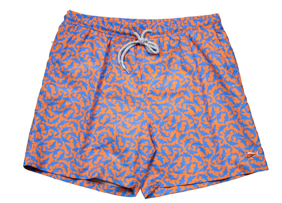Men's Printed Swim Trunks - Shark Party - Orange