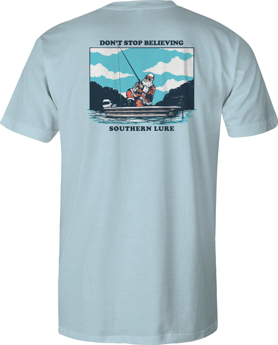 Short Sleeve Cotton Tee - Santa Fishing - Sky Blue
