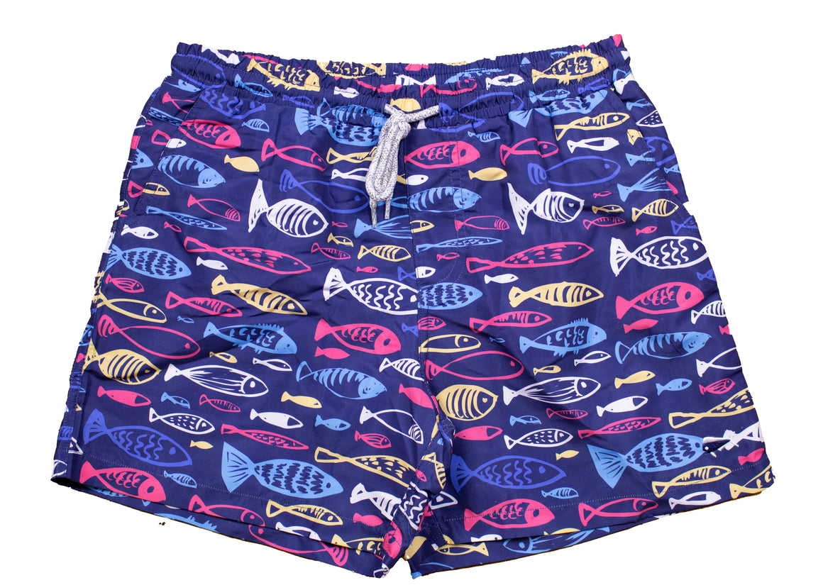 Boy's Youth & Toddler Printed Swim- Fishy Fishy - Midnight Navy