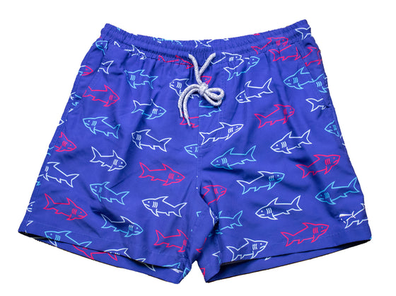 Boy's Youth & Toddler Printed Swim- Neon Sharks - Navy