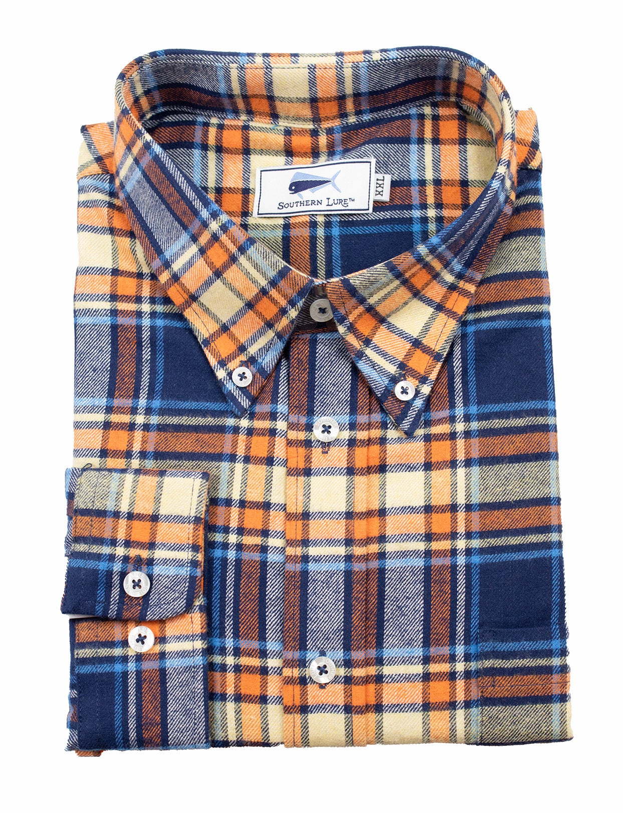 navy blue and orange flannel shirt