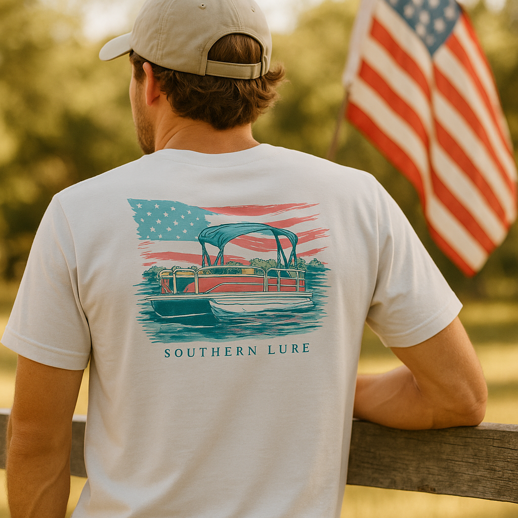 Adult Short Sleeve Tee Patriotic Pontoon - White