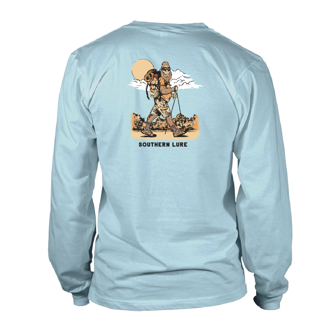Adult Long Sleeve Tee - Bigfoot Hiker - Sky Blue