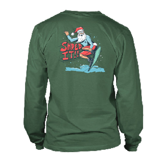 Adult Long Sleeve Tee -Shred It Santa - Oak Green