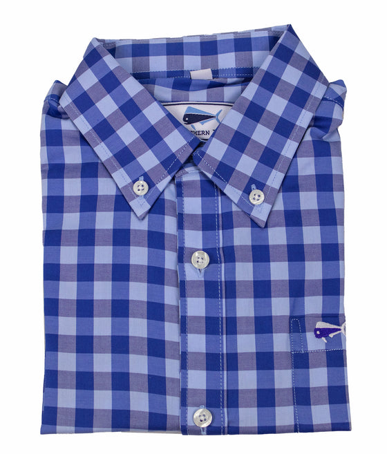 Youth Long Sleeve Woven Sport Shirt - Waffle Plaid Royal Blue