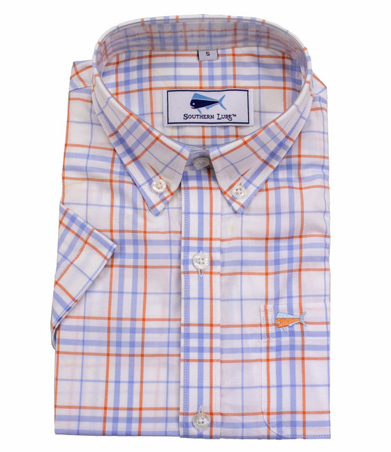 Youth Short Sleeve Woven Sport Shirt - Orange Blue Railroad Plaid