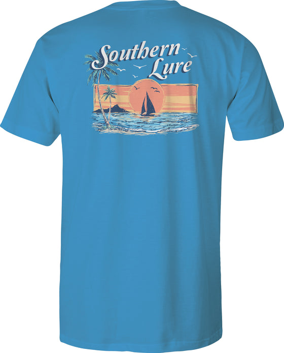 Adult Short Sleeve Tee Sunset Sailboat - Tropical Blue