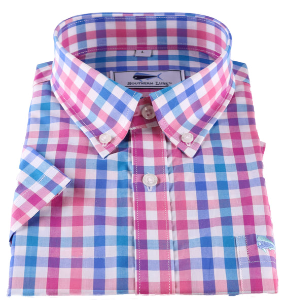 Youth & Toddler Short Sleeve Woven Sport Shirt - Blue & Rose Large Gingham