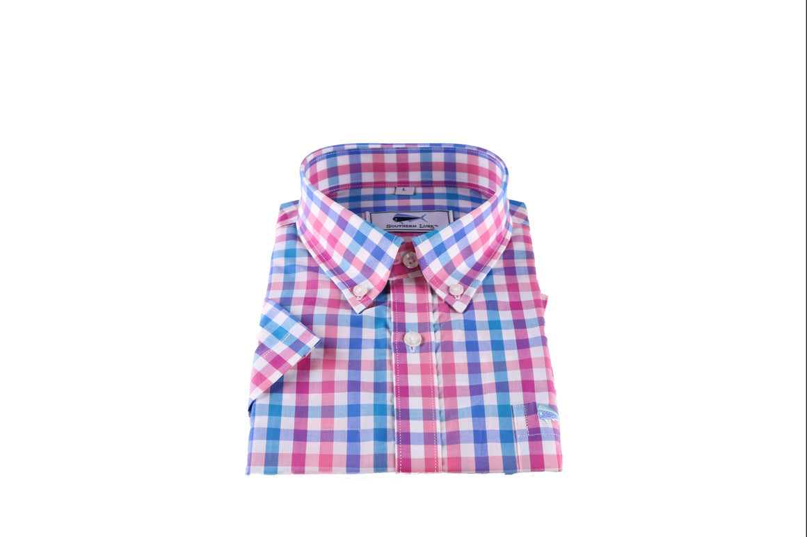 Youth & Toddler Short Sleeve Woven Sport Shirt - Blue & Rose Large Gingham