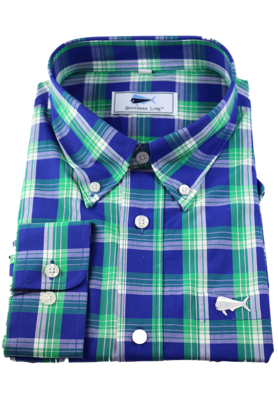 Youth Short Sleeve Woven Sport Shirt -Blue & Green Spring Tide Plaid