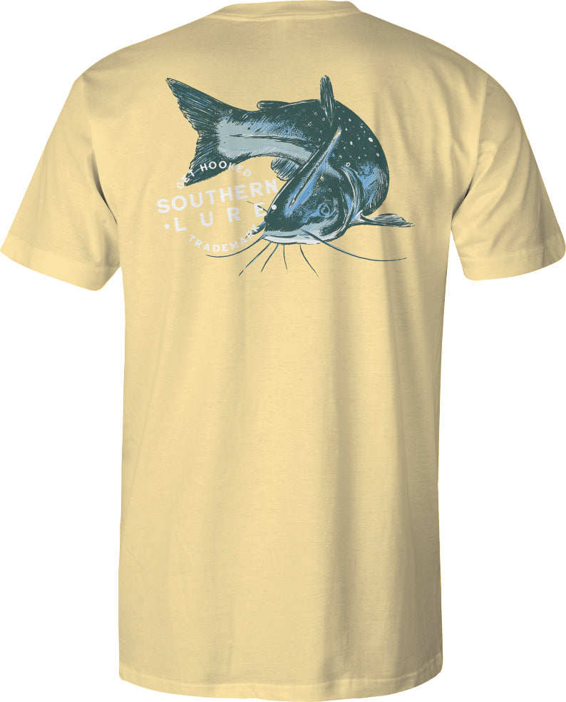 Catfishin Yellow Cotton pocket tee with Southern Lure Logo.