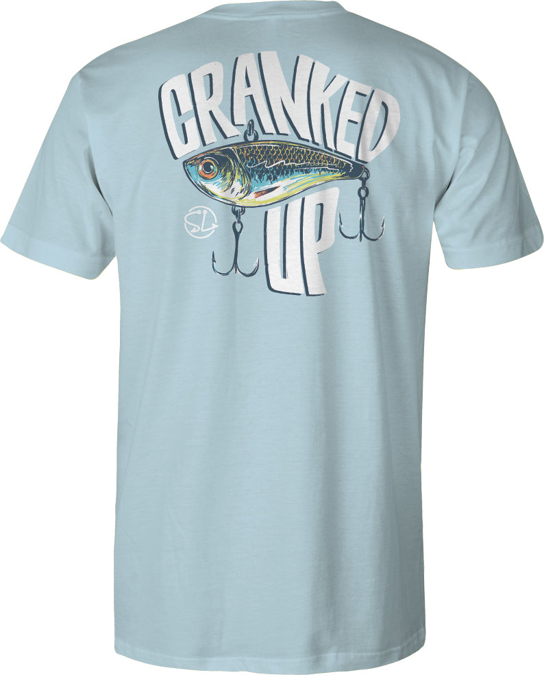 Cranked Up Bait Sky Blue Cotton Front Pocket Tee. Southern Lure