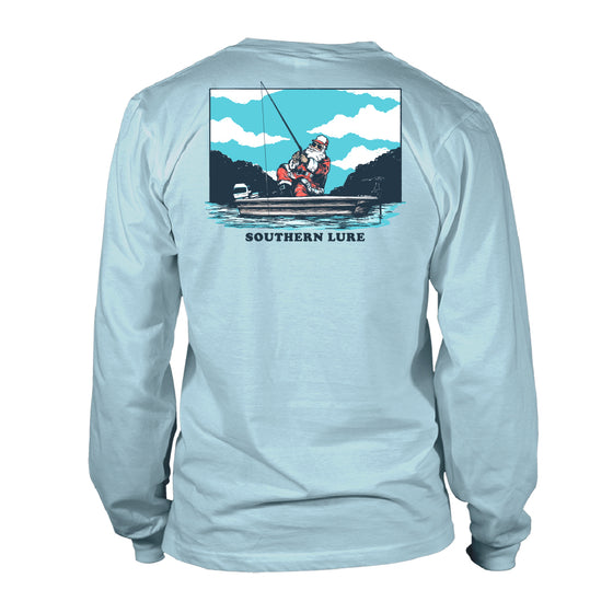 Youth & Toddler Long Sleeve Cotton Tee - Santa Fishing - Sky Blue