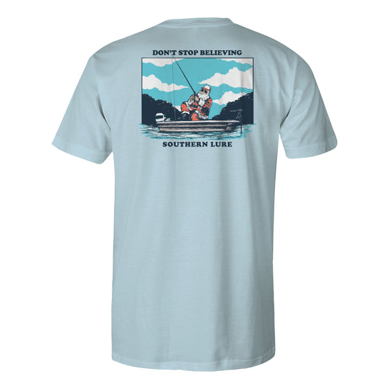 Short Sleeve Cotton Tee - Santa Fishing - Sky Blue