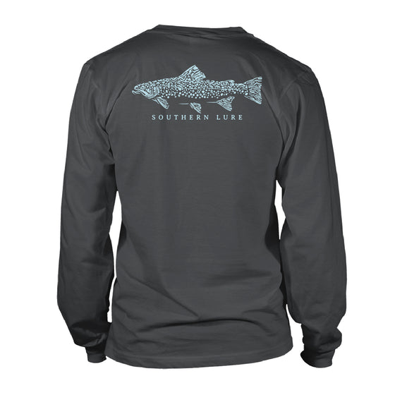 Adult Long Sleeve Cotton T shirt - Stamped Trout - Pepper
