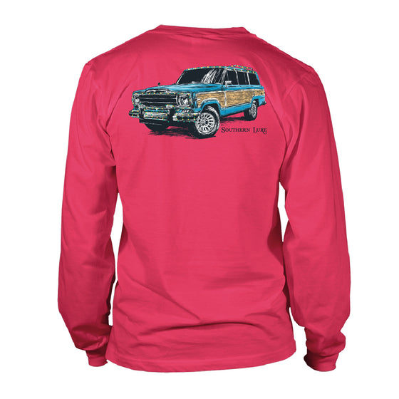 Toddler Long Sleeve Cotton Tee - Xmas Jeep - Red