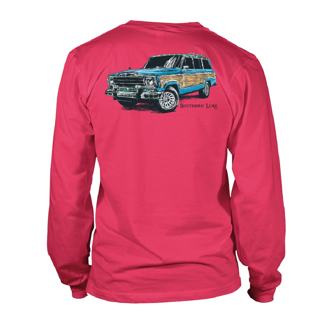 Youth & Toddler Long Sleeve Cotton Tee - Xmas Jeep - Red